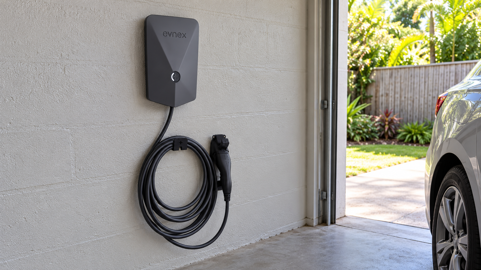Evnex EV charger mounted in a Queensland garage