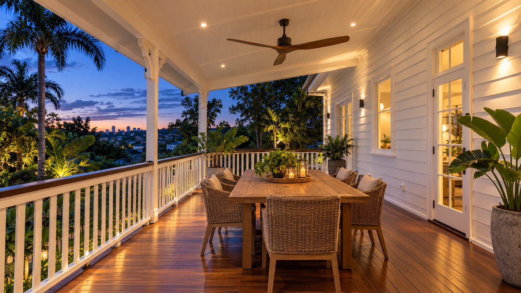 Queensland verandah with ceiling fan and warm outdoor lighting