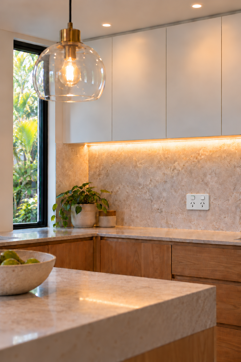 Warm kitchen with pendant lighting, downlights and a Clipsal Iconic power outlet