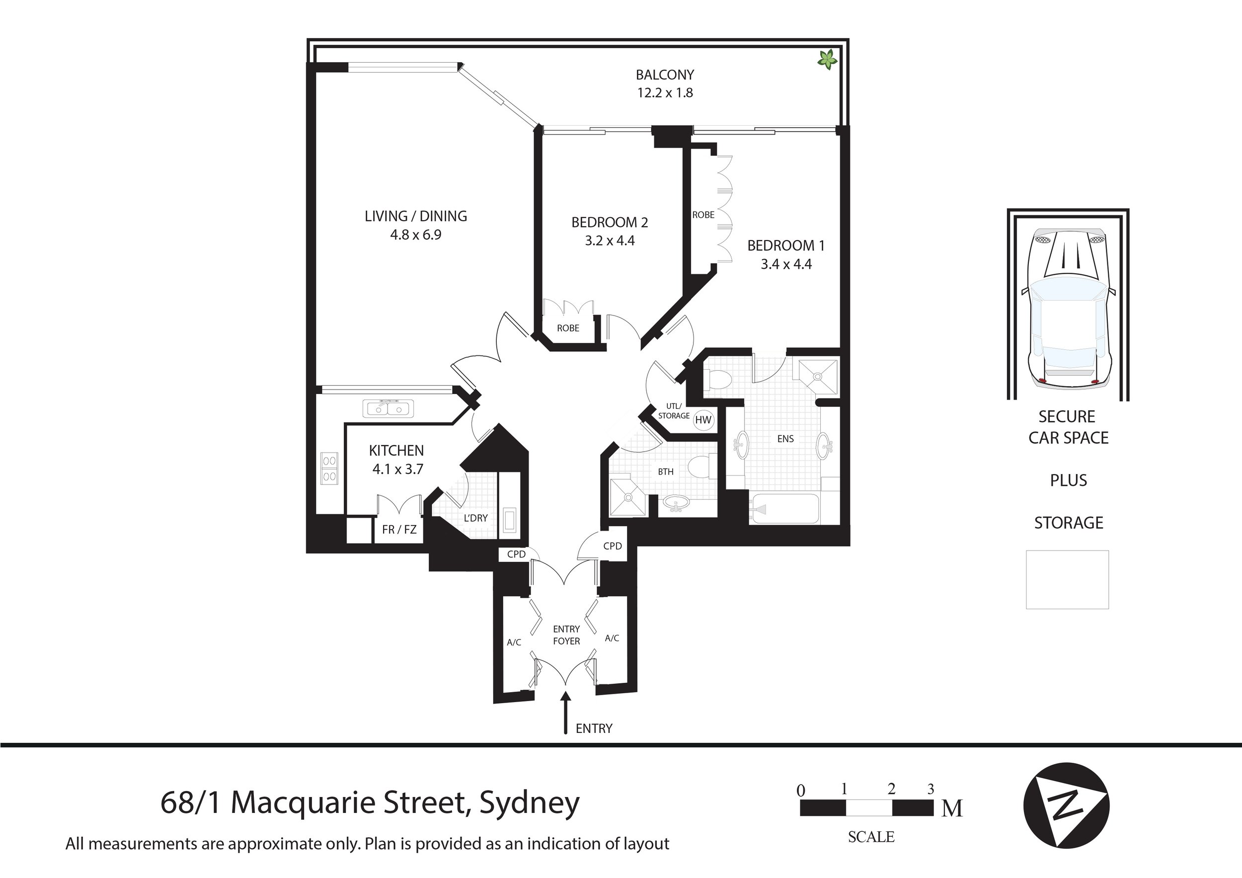 Floor plan of a residential property at 68/1 Macquarie Street, Sydney, showing layout and room dimensions, including a living/dining area, kitchen, laundry, bedrooms, bathrooms, balcony, storage, and a secure car space.