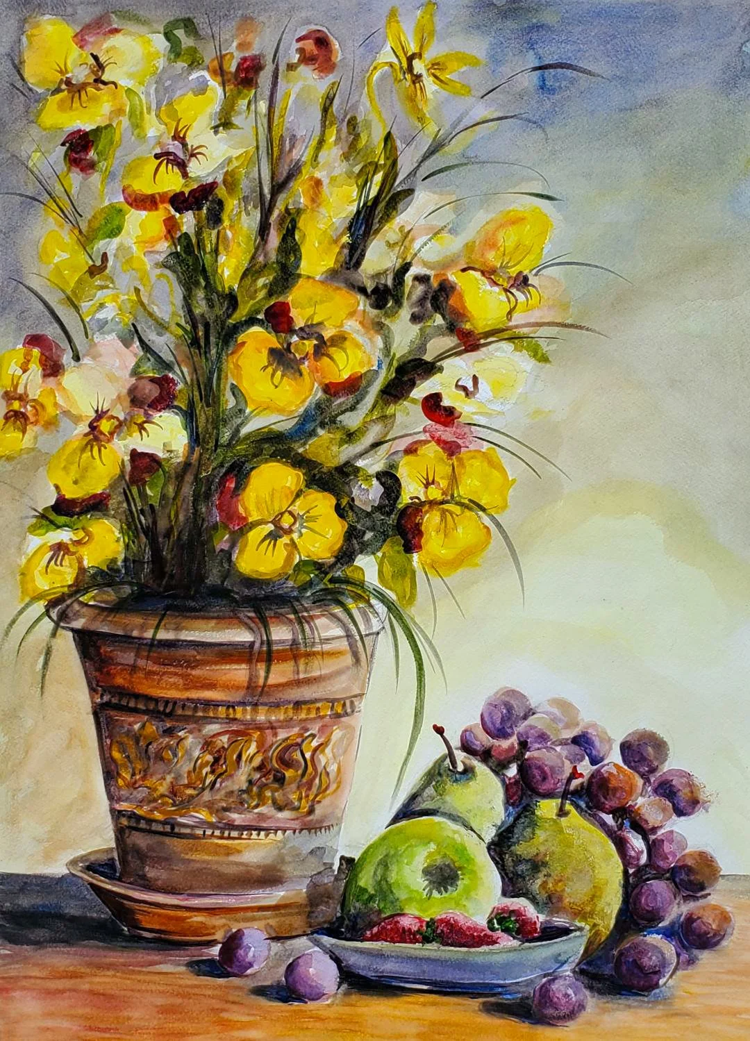 Still Life of Fruits and Flowers. Water colour paint on paper. 28 x 20 inches. Private Collection