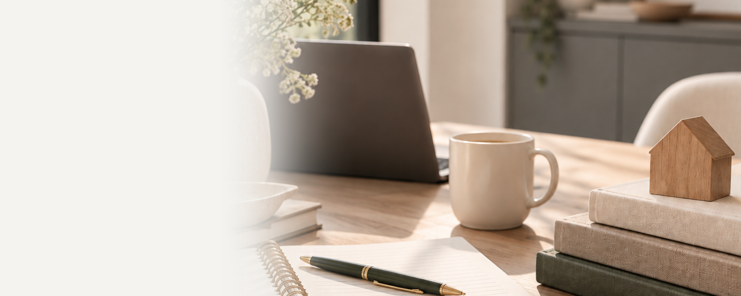 Cozy home office desk with laptop, coffee mug, notebook, pen, stacked books, and wooden house ornament