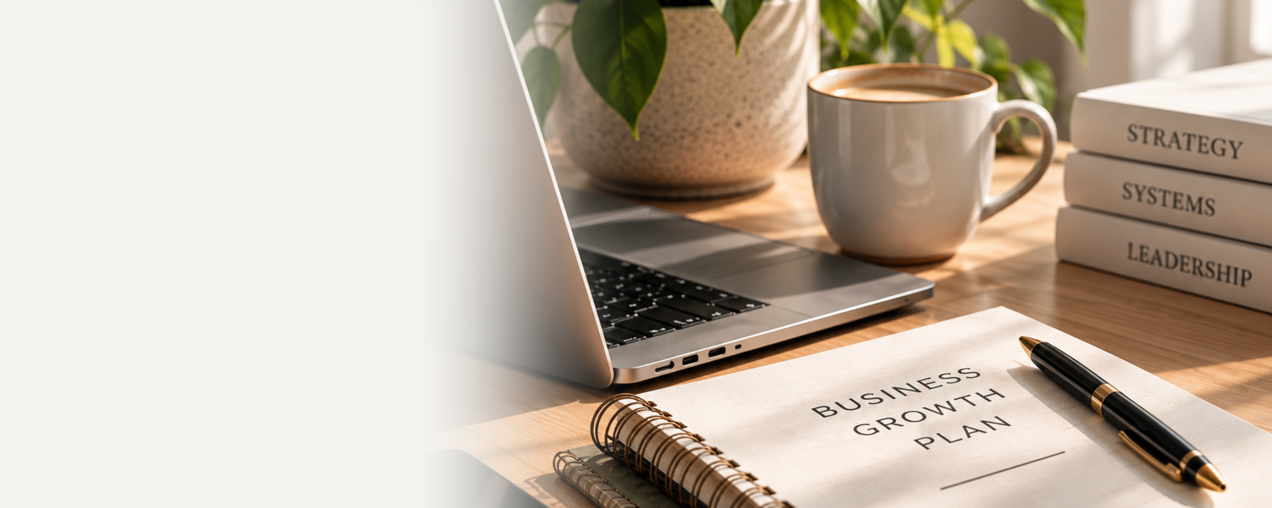 Business growth planning workspace with laptop, coffee mug, notebook, pen, plant, and strategy books