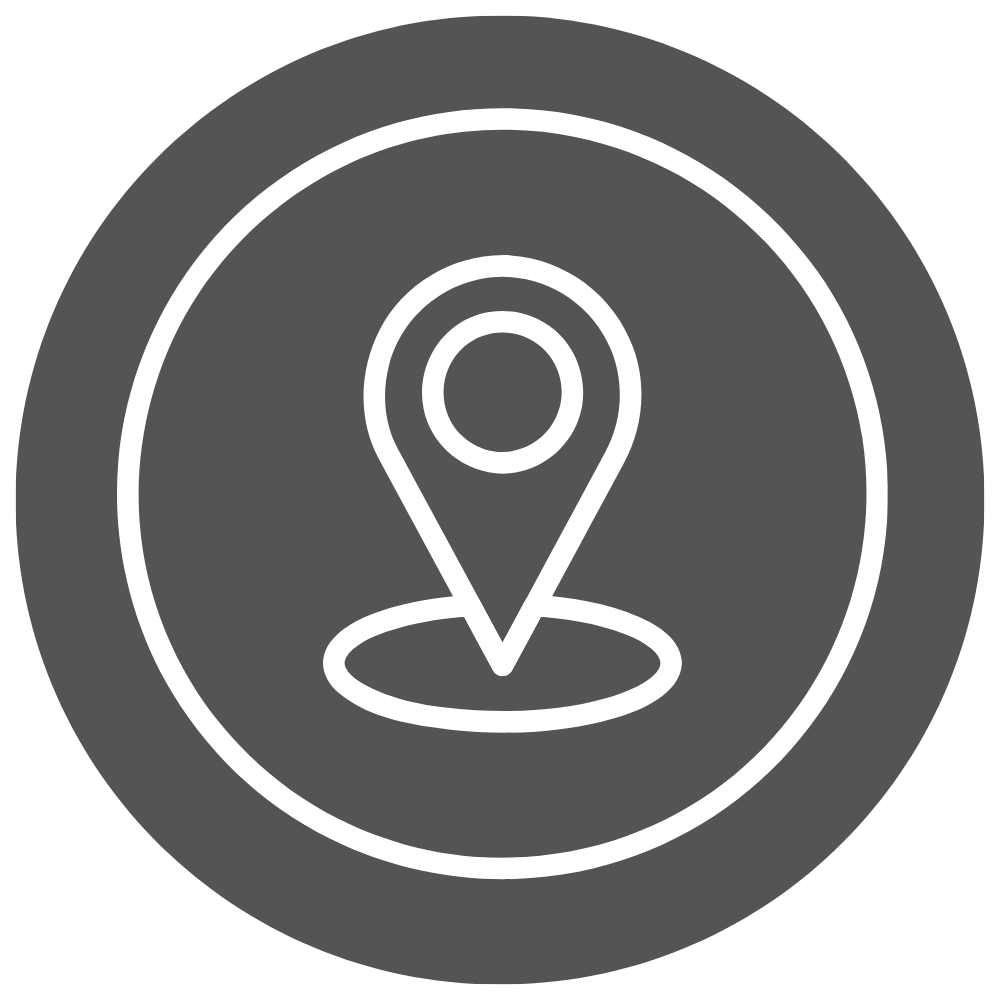 White location pin icon centered inside a circle on a dark gray background