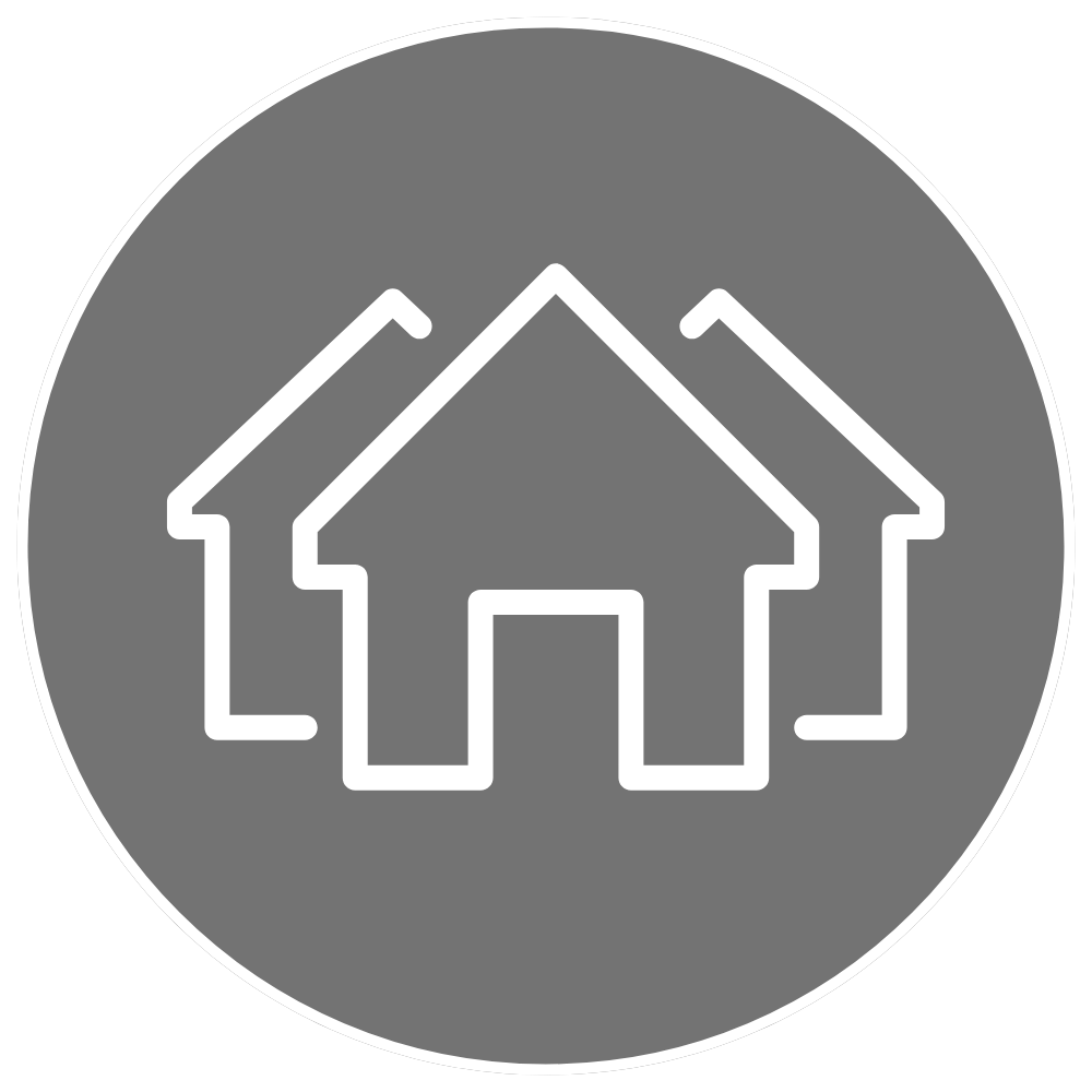 White outline of a house inside a gray circle