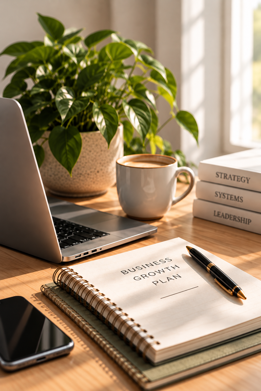 Sunlit business workspace with laptop, coffee mug, leafy houseplant, strategy books, and a notebook labeled “Business Growth Plan.”