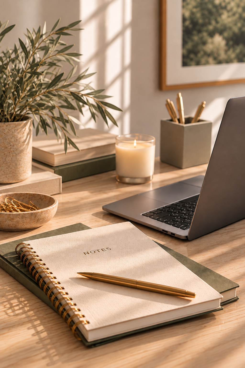 Sunlit home office desk with a spiral notebook labeled “NOTES,” gold pen, laptop, candle, books, pencil holder, and potted olive tree.