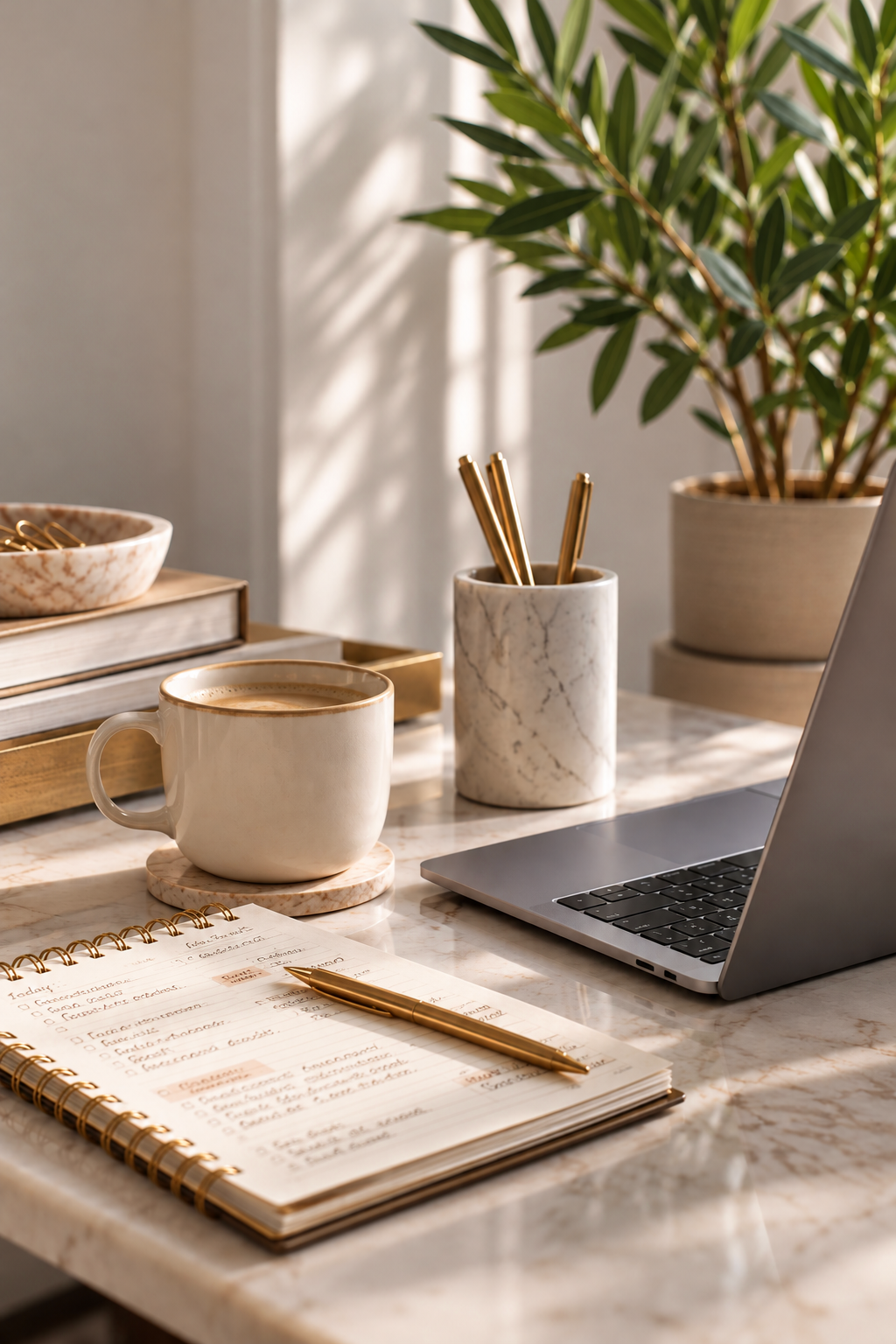 Sunlit marble workspace with coffee mug, open planner, gold pen, laptop, books, pencil holder, and potted plant