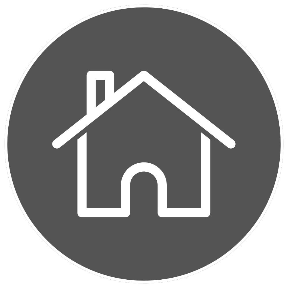 White outline of a house with a chimney inside a gray circle