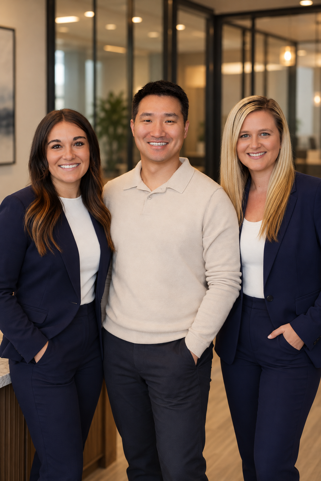 Three smiling professionals posing together in a modern office