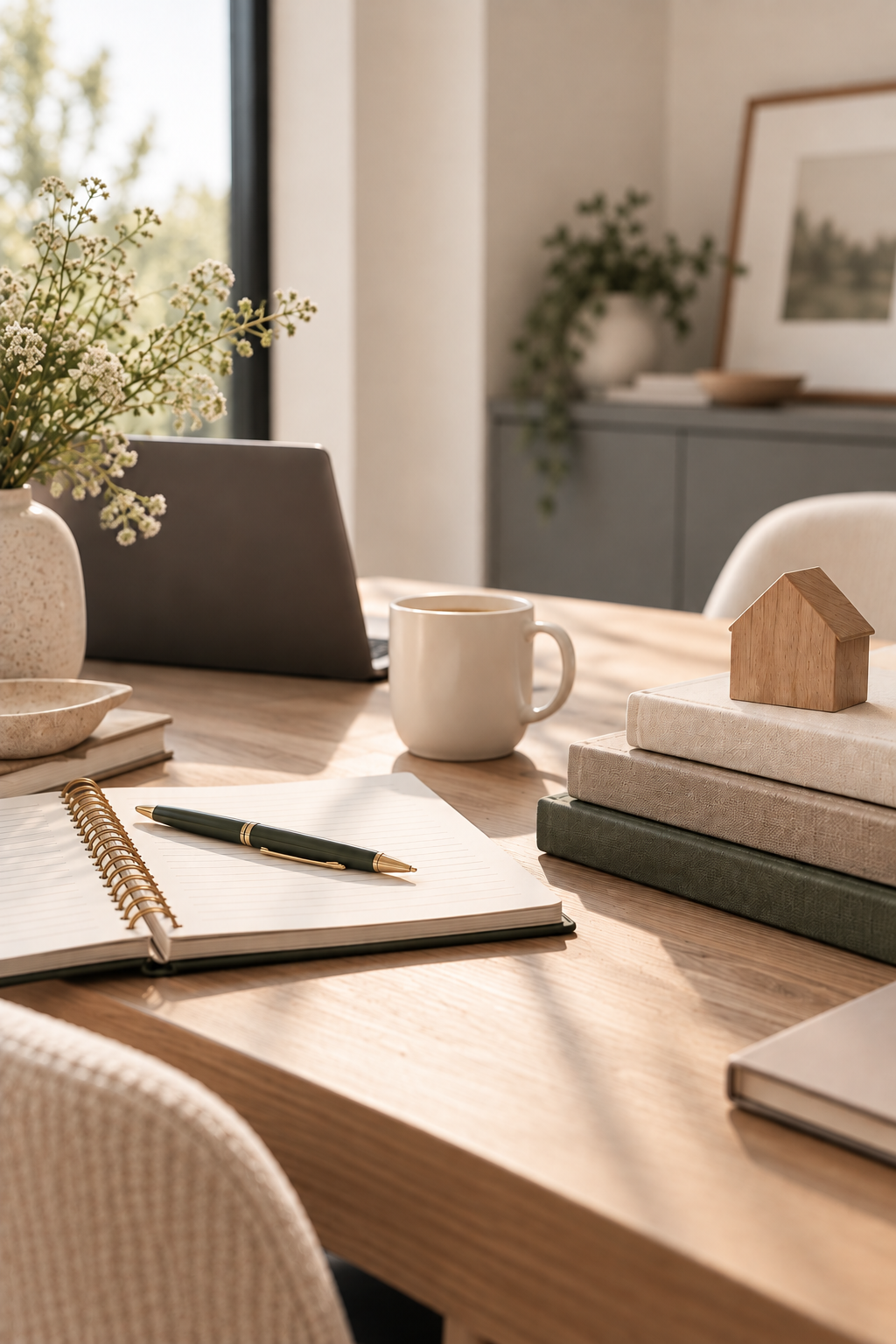 Sunlit home office desk with laptop, coffee mug, open notebook and pen, stacked books, wooden house ornament, and flower vase.