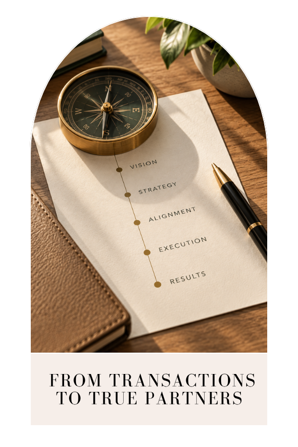 Compass and pen on a strategy checklist labeled vision, strategy, alignment, execution, and results, with the text “From Transactions to True Partners.”