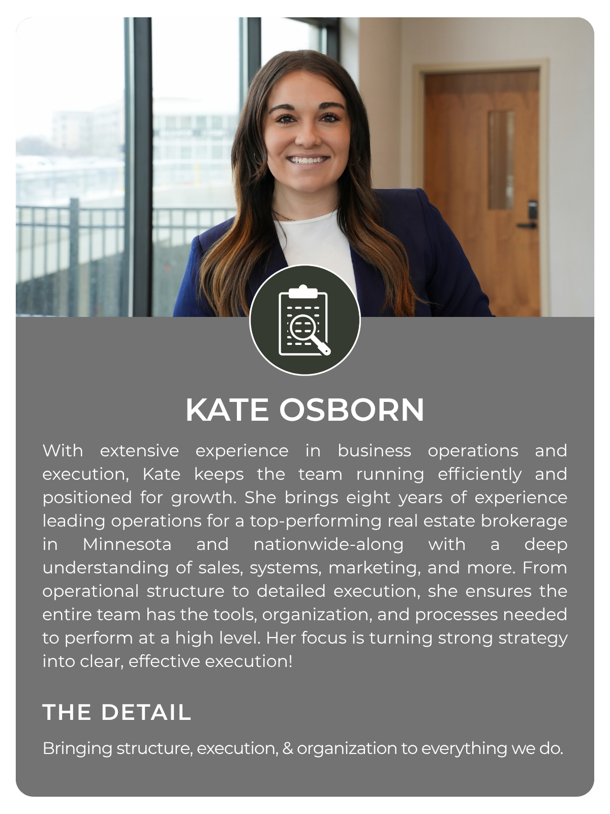 Professional profile card featuring Kate Osborn, a business operations expert in a navy blazer, with a biography describing her real estate brokerage experience and focus on execution and organization.