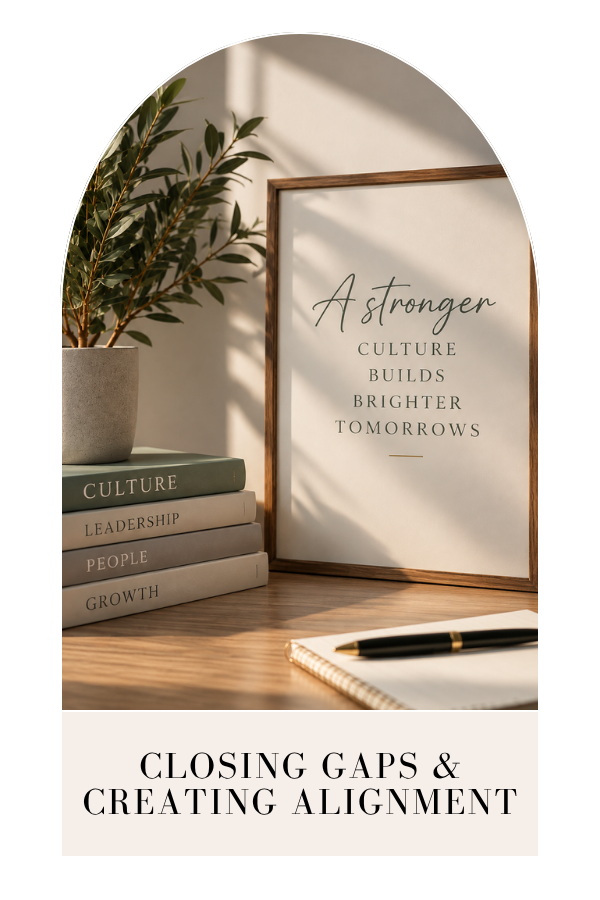 Inspirational workplace poster reading “A stronger culture builds brighter tomorrows” beside books on culture, leadership, people, and growth, a potted plant, and notebook