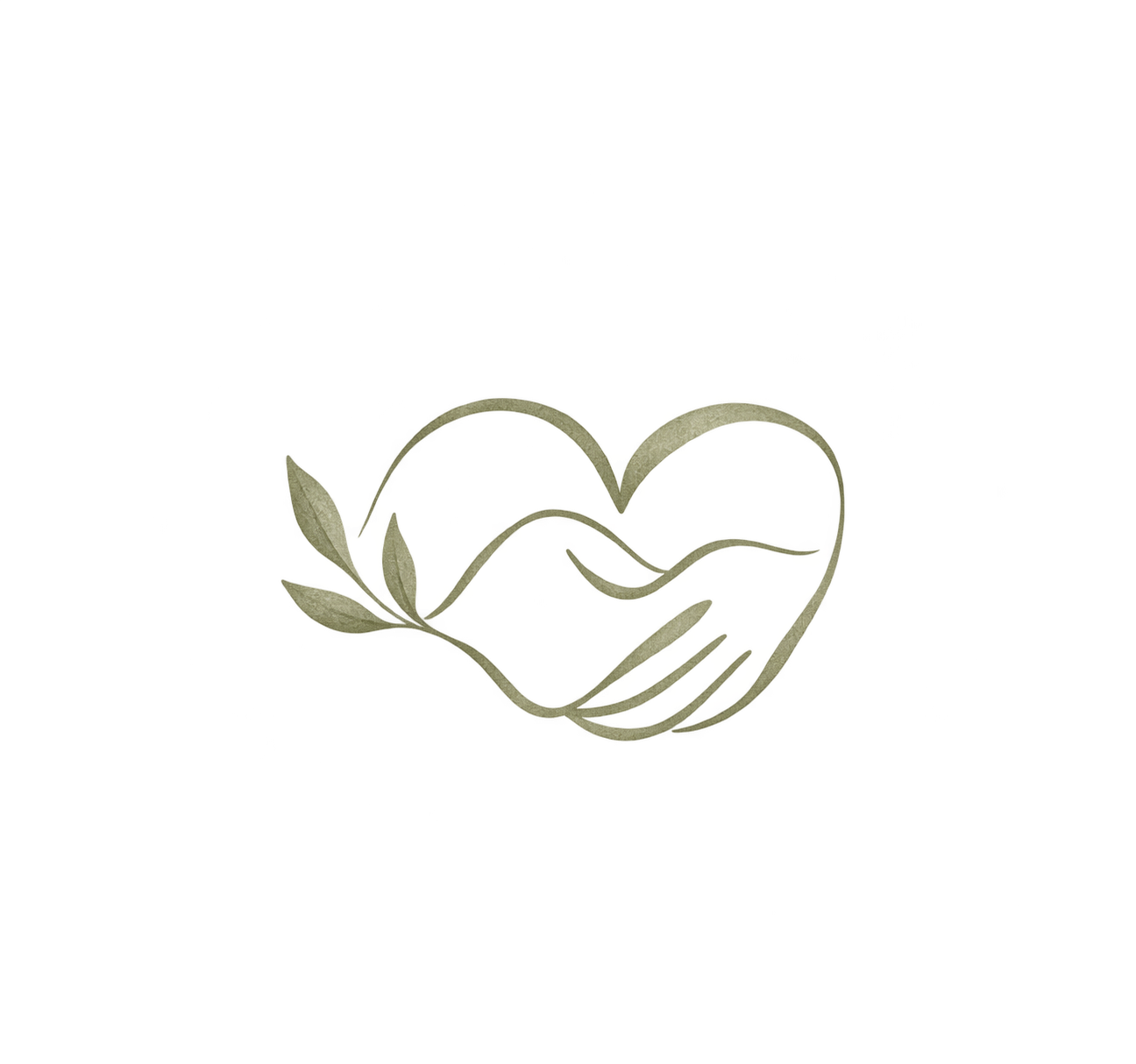 A stylized line drawing of a hand holding a heart, with leaves attached, symbolizing care and compassion.