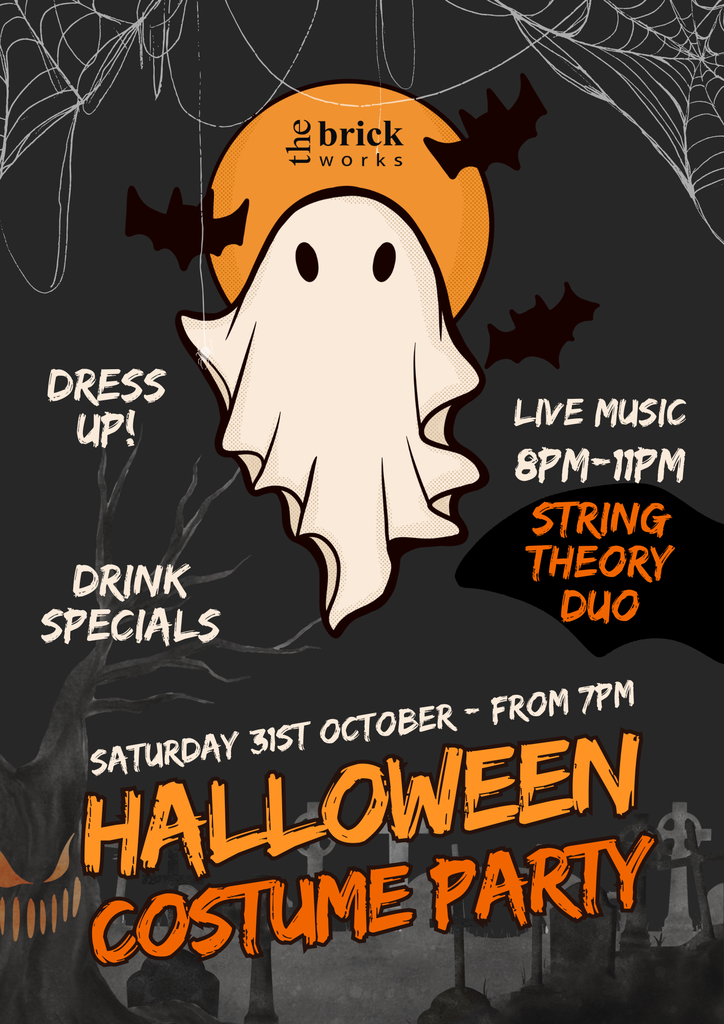 Halloween-themed event poster featuring a cartoon ghost with a pumpkin head, bats, spider webs, skulls, and a dark forest background. Text announces a Halloween costume party with live music, drink specials, and a costume contest on October 31st from 7 PM.