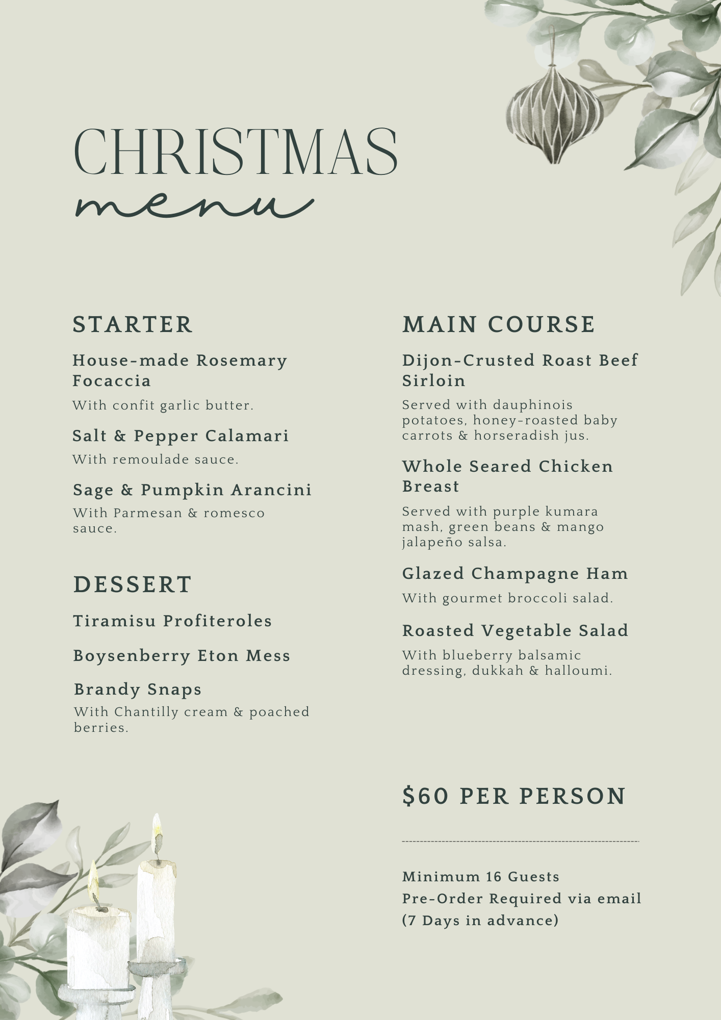 Elegant Christmas menu featuring starter, main course, and dessert options, priced at $60 per person, with botanical foliage, ornament, and candles.