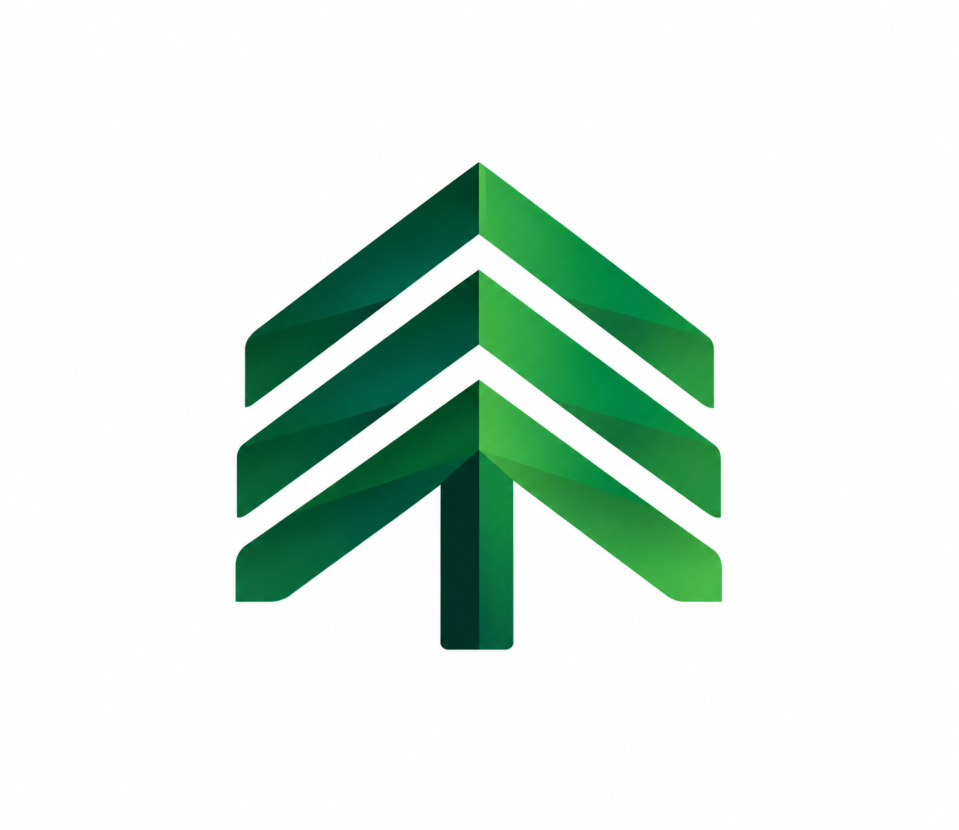 Stylized green Christmas tree made of layered, curved shapes on a white background.