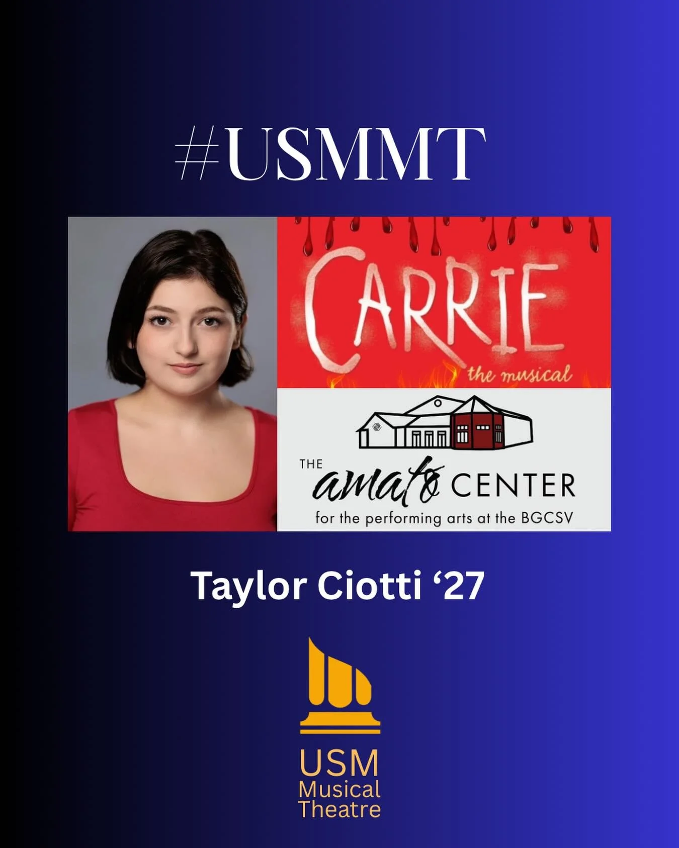 #USMMT
Congrats to USM MT Taylor Ciotti (&lsquo;27) who will be playing Carrie White in Carrie: The Musical with the RYC Alumni at The Amato Center for the Performing Arts (Milford, NH) this summer! The show runs July 30-August 1. Break legs, and we 