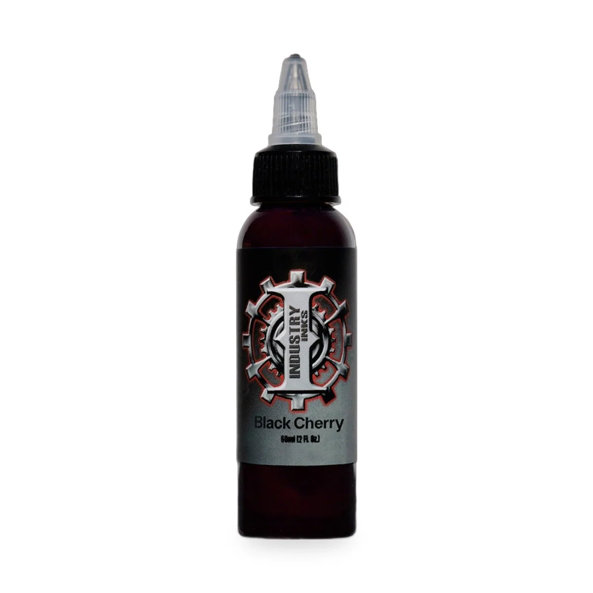 Industry Inks Black Cherry tattoo ink bottle on white, warm neutralizer for paramedical skin tone mixing