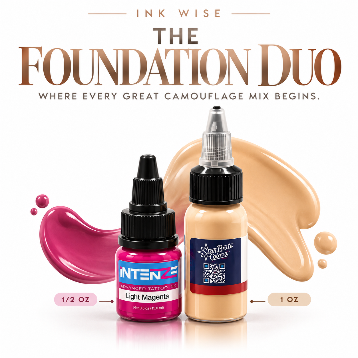 The Foundation Duo by Ink Wise: Intenze Light Magenta and StarBrite Beach Beige paramedical skin tone tattoo ink set