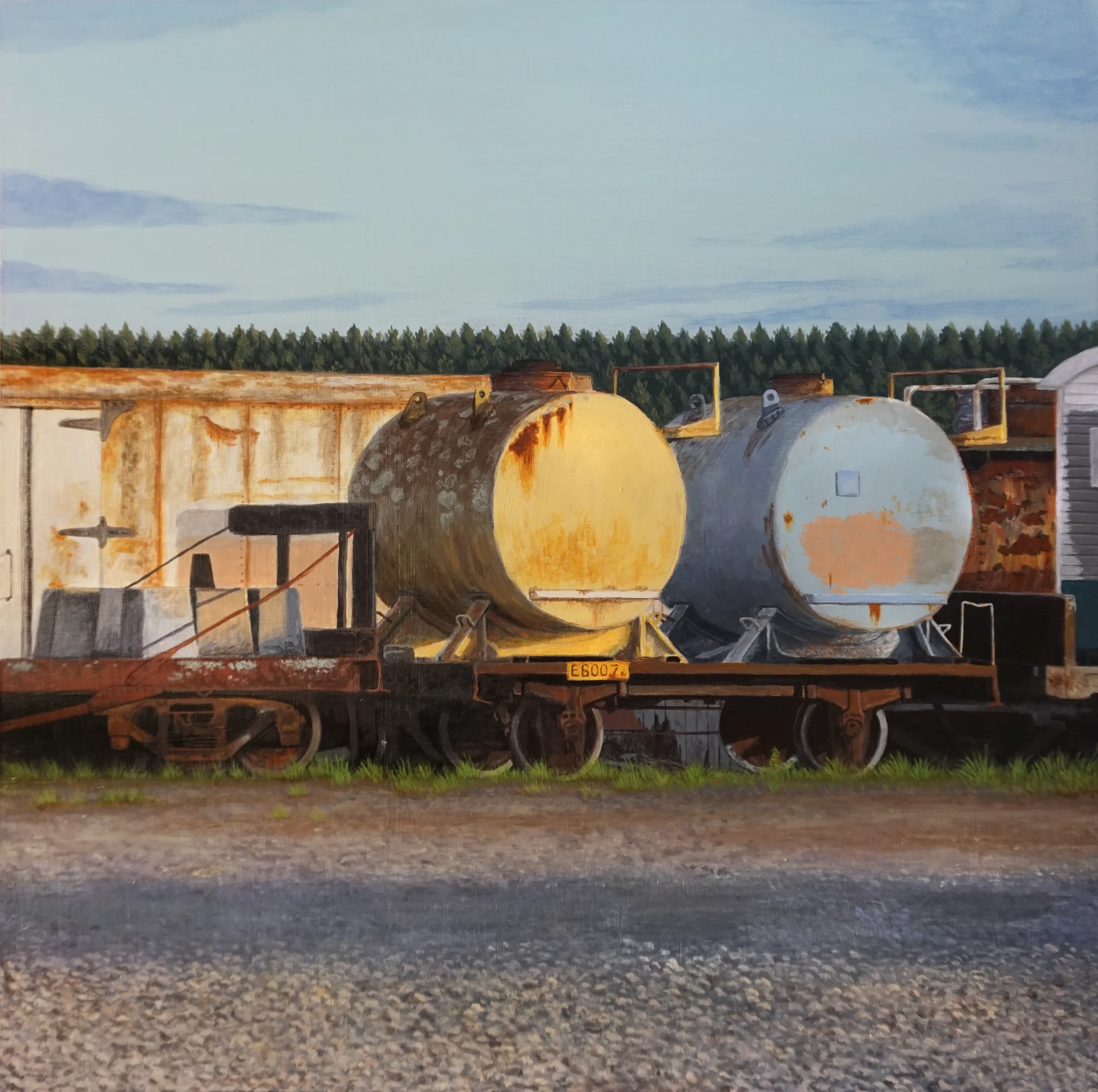 Acrylic painting of rusty industrial railcars carrying large cylindrical metal tanks beside a forest