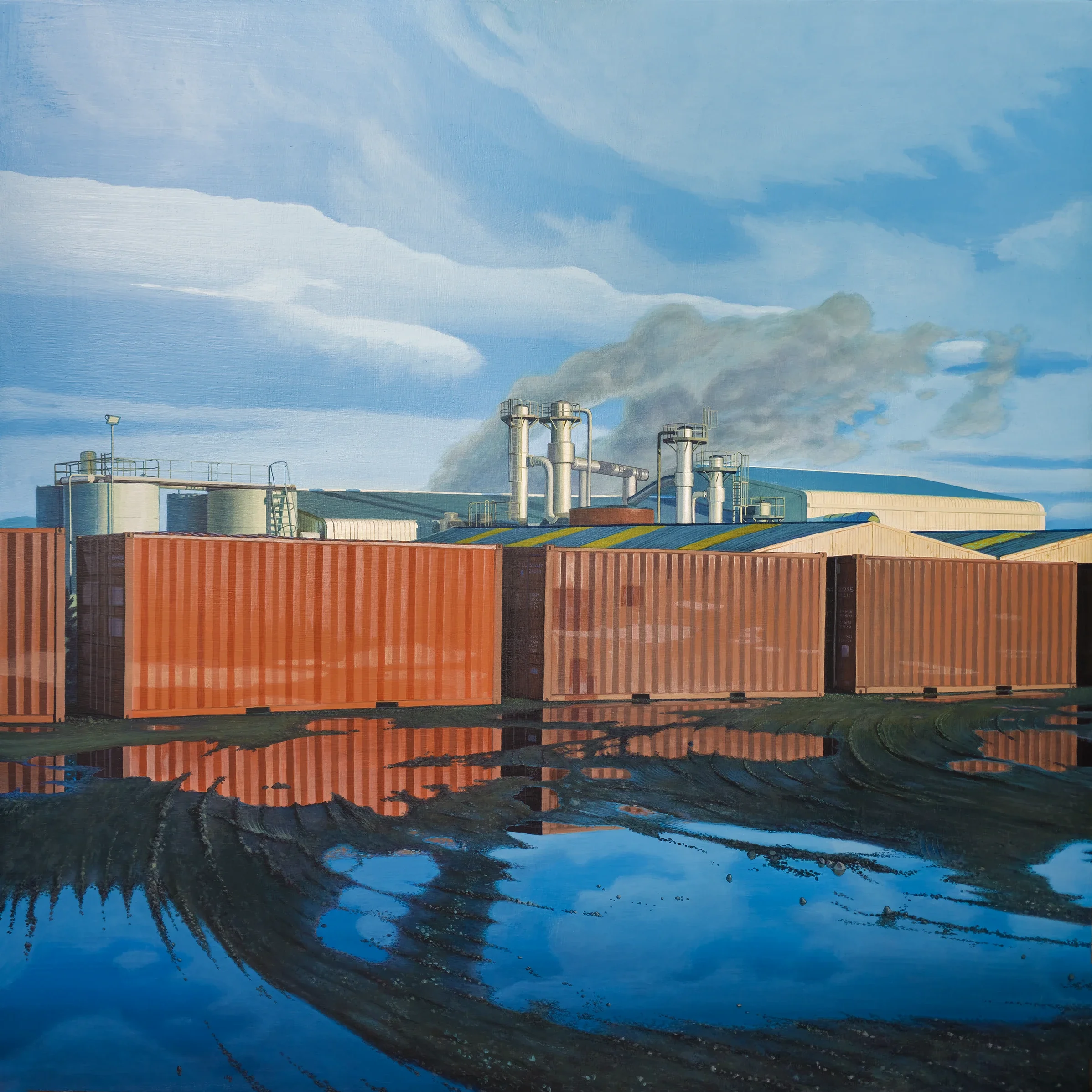 Painting of an Industrial facility with storage tanks and smokestacks behind orange shipping containers, reflected in puddles under a cloudy blue sky