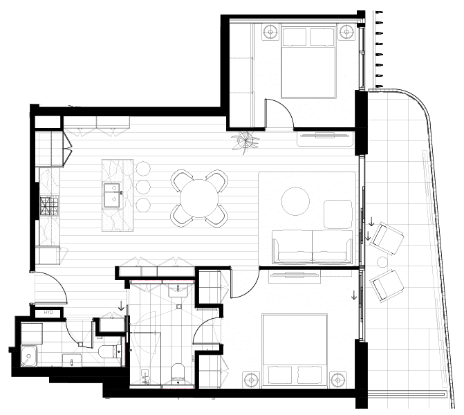2 bed, 1.5 bath floorplan example