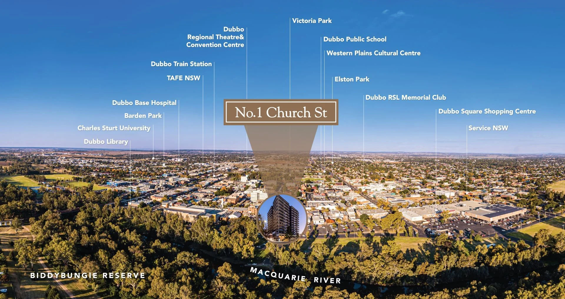 aerial image of the Dubbo CBD looking across the Macquarie River highlighting the No 1 Church St Development with key surrounding landmarks shown