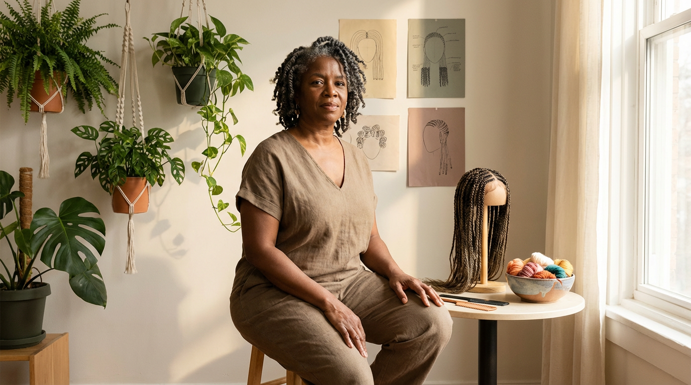Femme noire assise dans un atelier lumineux de coiffure, entourée de plantes, d’une perruque tressée, de laine colorée et d’illustrations de coiffures.