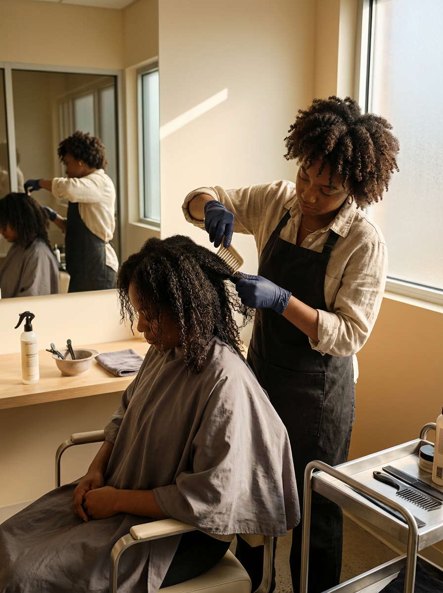 Coiffeuse portant des gants démêle les cheveux bouclés d’une cliente dans un salon de coiffure.