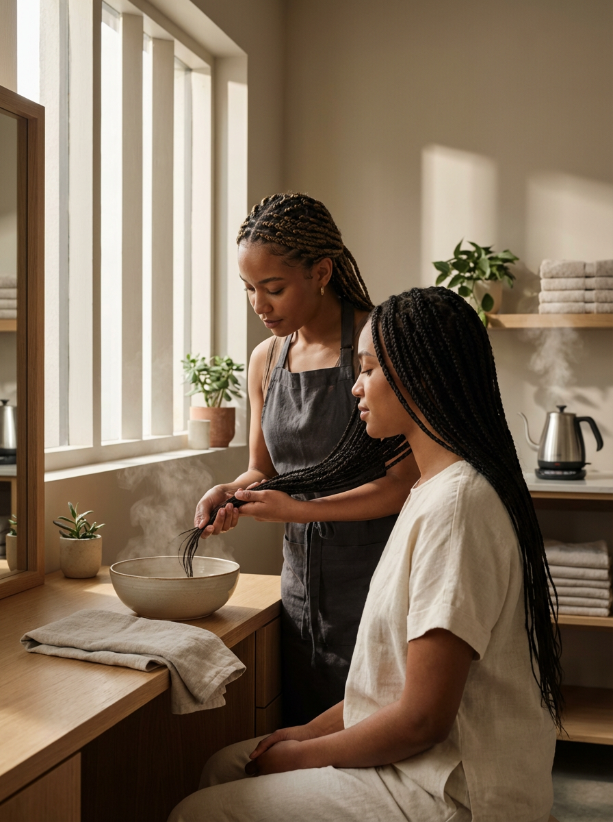 Deux femmes noires dans un espace bien-être, dont une coiffe les longues tresses de l’autre au-dessus d’un bol fumant.