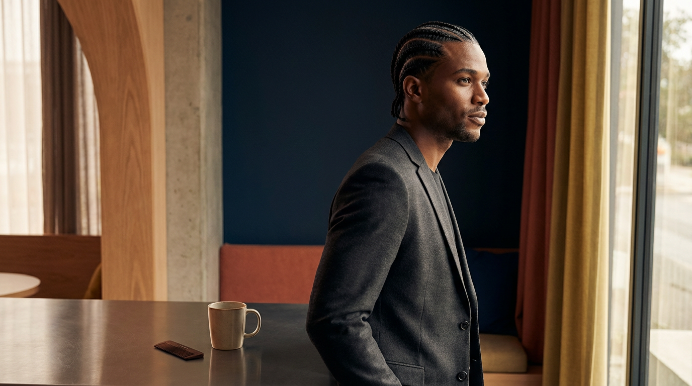 Homme noir en blazer sombre debout près d’une fenêtre, avec une tasse de café et un peigne sur la table.