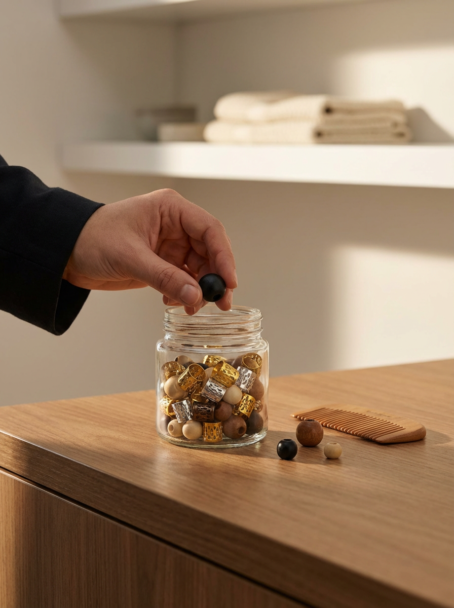 Main tenant une perle noire au-dessus d’un bocal en verre rempli de perles en bois et de perles dorées, avec un peigne en bois posé sur une table.