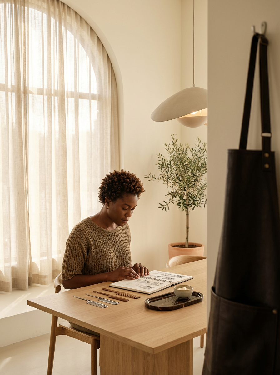 Femme travaillant sur un carnet de motifs textiles à une table en bois, avec outils de tissage, plante d’intérieur et lampe suspendue.