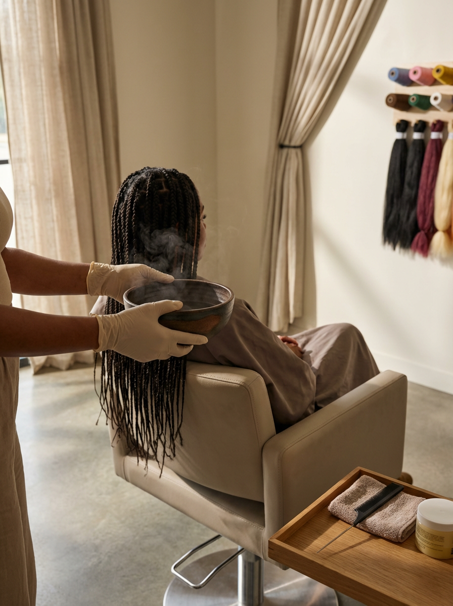 Soin capillaire en salon avec un bol fumant tenu près des longues tresses d’une cliente assise, des mèches colorées exposées au mur.