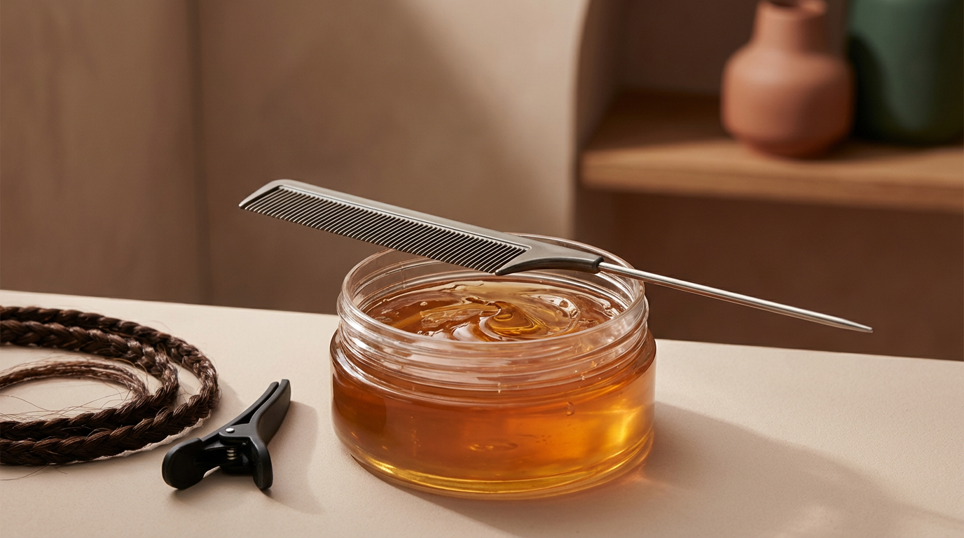 Pot en verre de gel coiffant ambré avec peigne, pince à cheveux et tresses sur une table