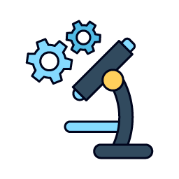 A microscope with two gears above it, representing scientific or technological tools.