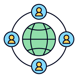 A globe surrounded by four icons of people connected by lines, representing global networking or communication.