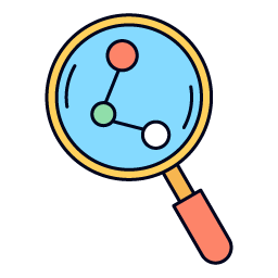 Magnifying glass examining a diagram with four connected circles in different colors.