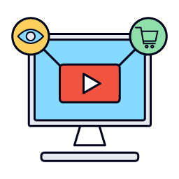 Illustration of a computer monitor displaying a play button, with icons of an eye and a shopping cart connected by lines, representing viewing and shopping on online videos.