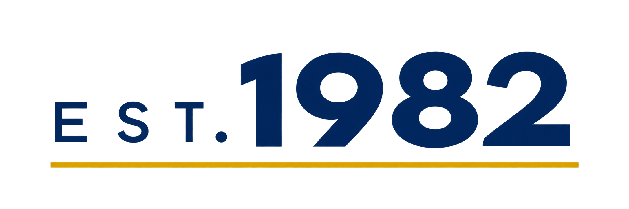 Dark blue “EST. 1982” logo with a yellow and red underline on a black background