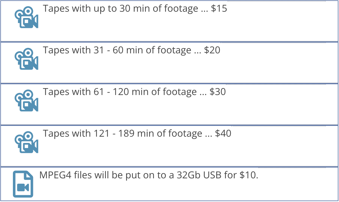 Video digitization pricing chart: tapes up to 30 minutes $15, 31–60 minutes $20, 61–120 minutes $30, 121–189 minutes $40; MPEG4 files on a 32GB USB for $10.