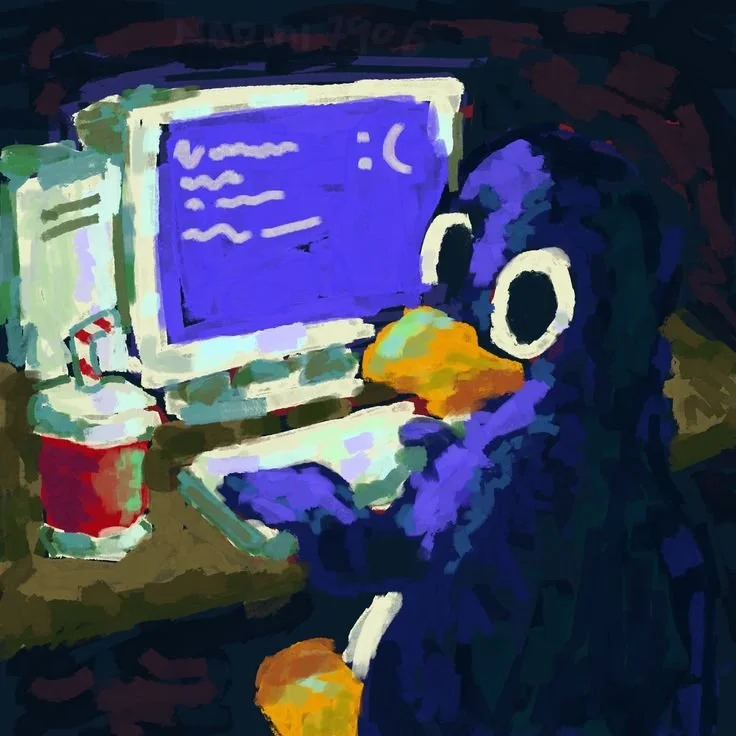 A penguin sitting at a desk and looking at a computer monitor with a sad face error message.