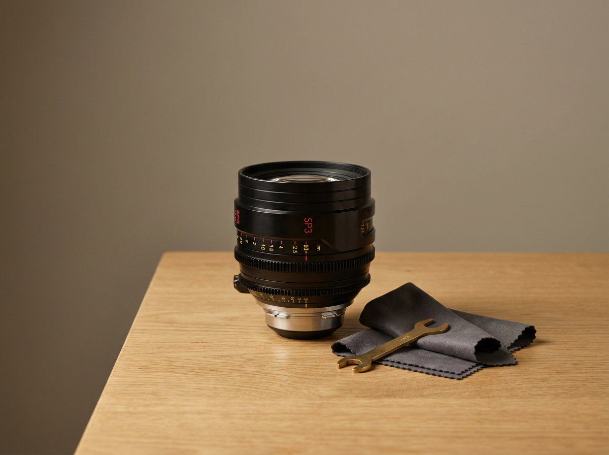 Camera lens on a wooden table with a small wrench and cleaning cloth beside it.