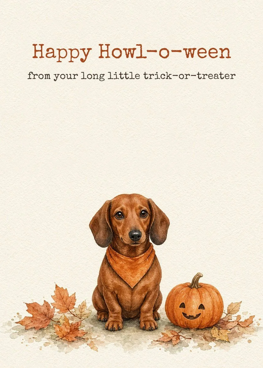 Printable Halloween card from the dog with a red smooth-coat Dachshund in an orange bandana beside a jack-o'-lantern