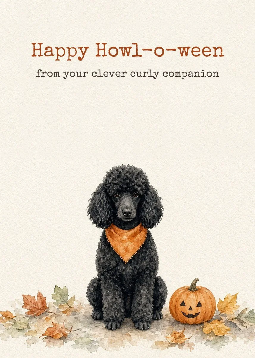 Printable Halloween card from the dog with a black Poodle in an orange bandana beside a jack-o'-lantern