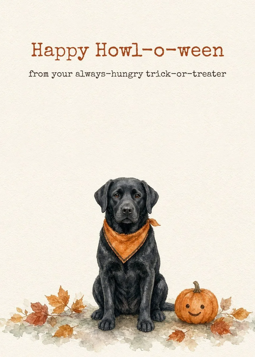 Printable Halloween card from the dog with a black Labrador Retriever in an orange bandana beside a jack-o'-lantern
