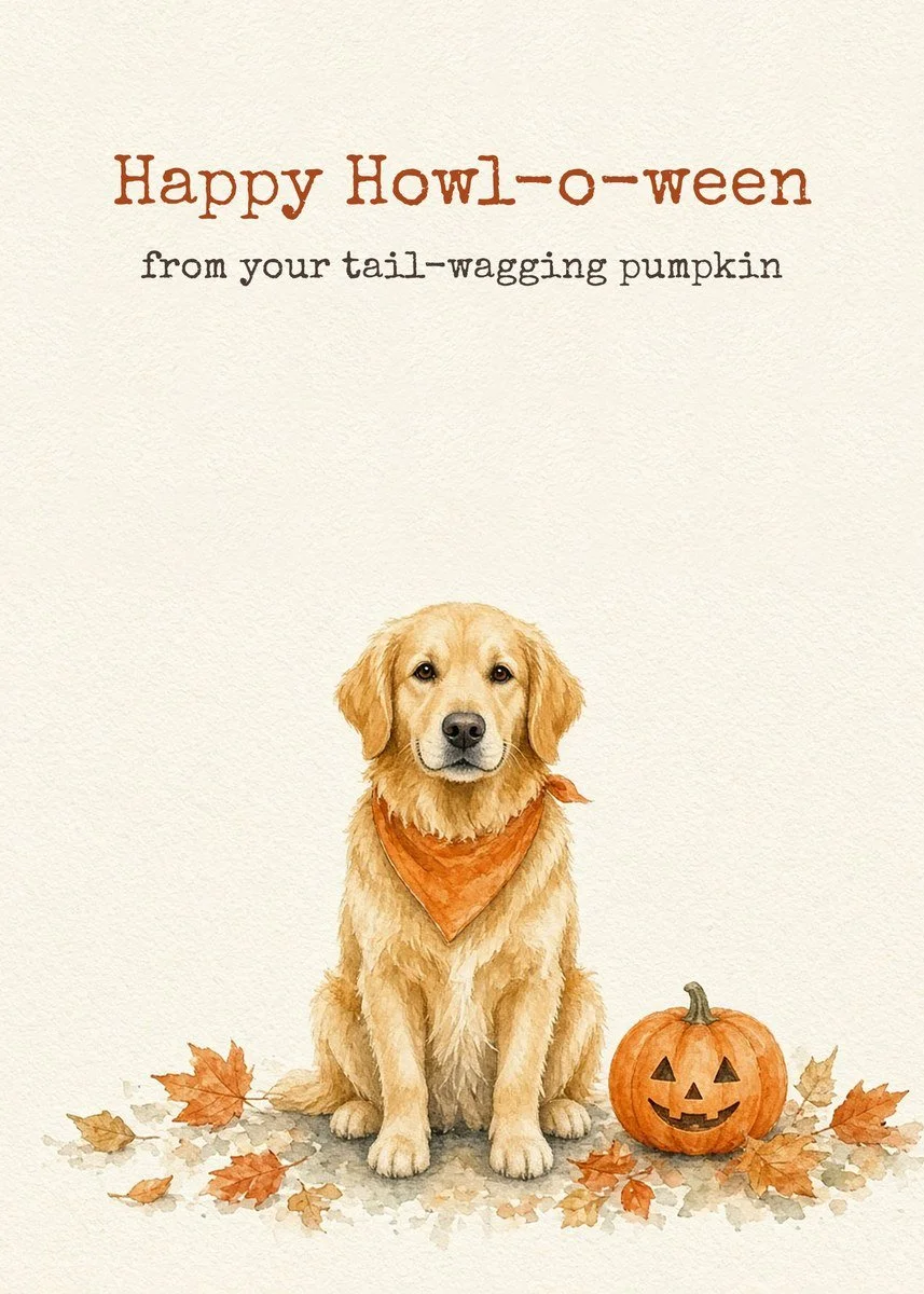 Printable Halloween card from the dog with a classic golden Golden Retriever in an orange bandana beside a jack-o'-lantern