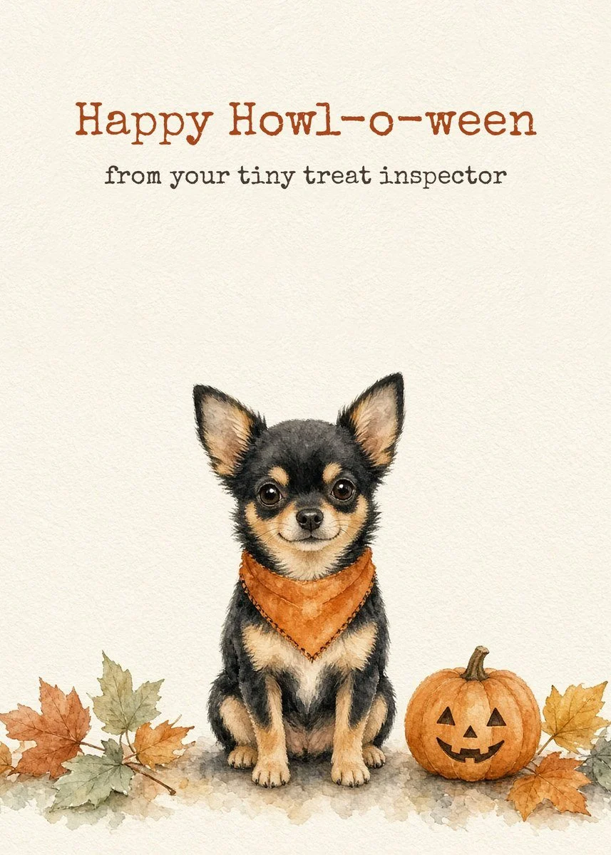 Printable Halloween card from the dog with a black and tan Chihuahua in an orange bandana beside a jack-o'-lantern